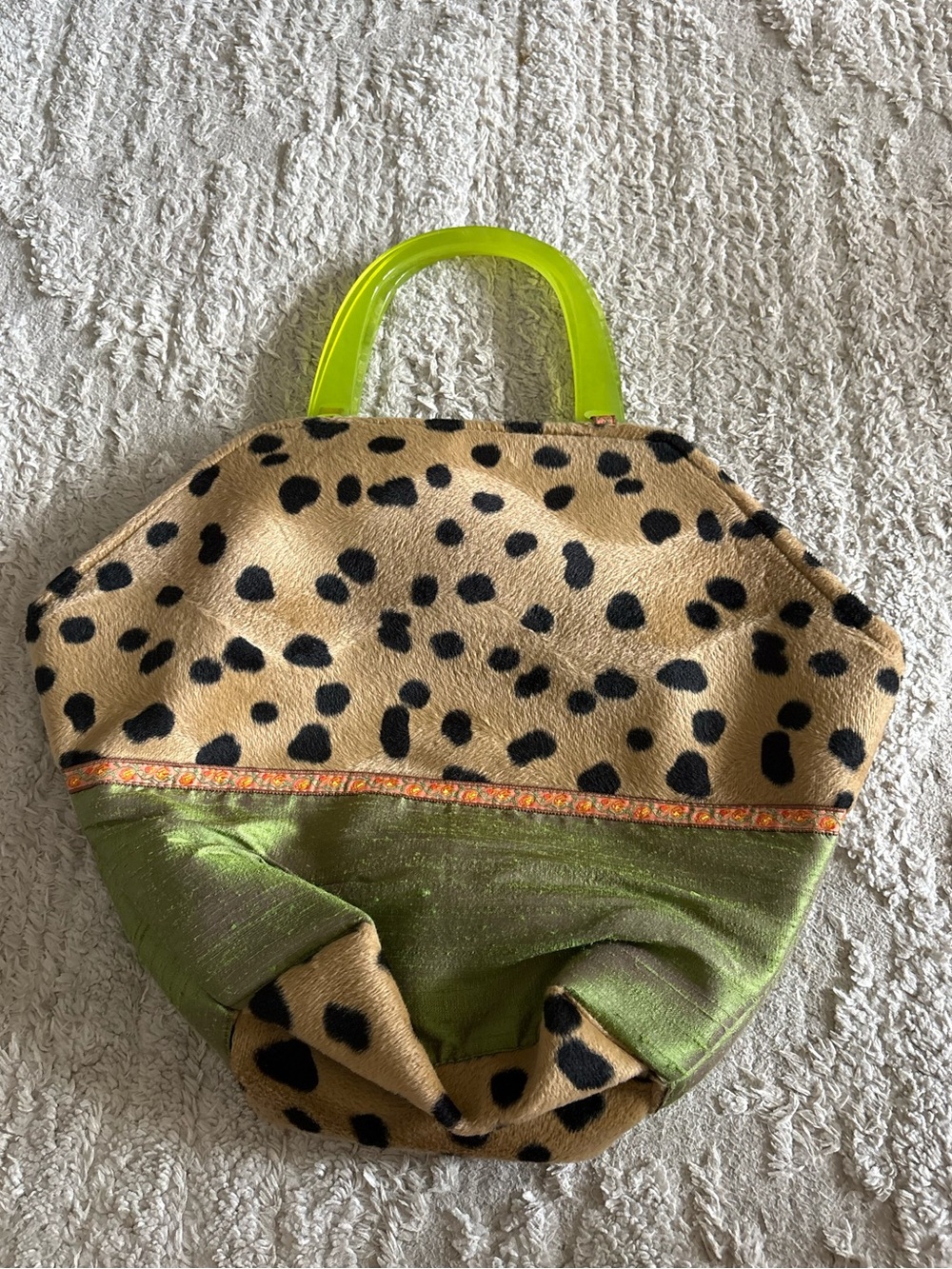 VTG Atenti Cheetah Leopard Print Bag Neon Lime Green Lucite Handle Y2K USA - Picture 4 of 6
